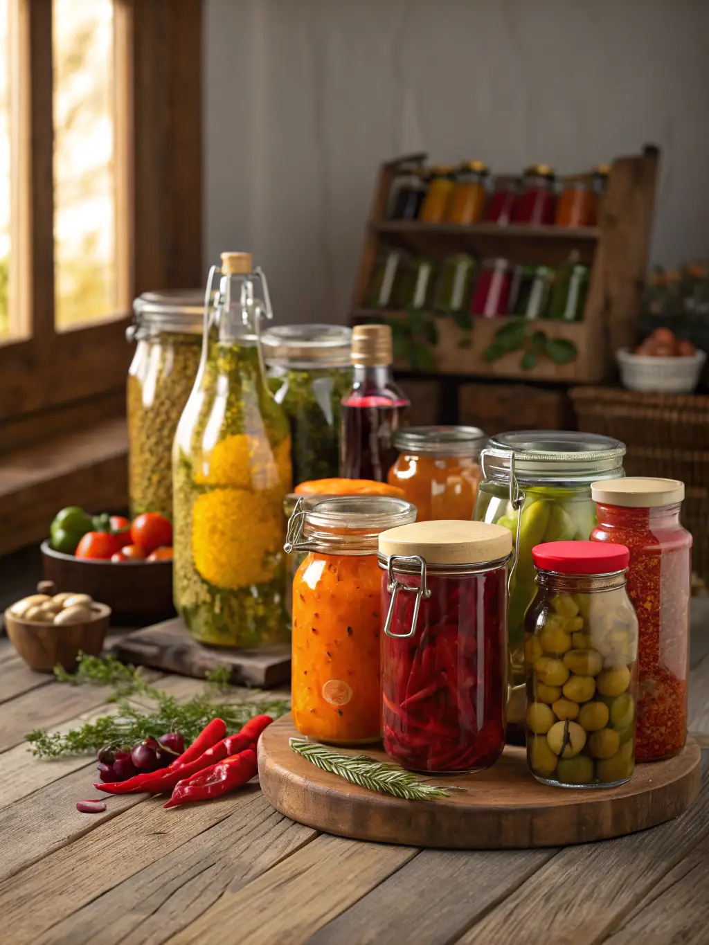 A vibrant image showcasing a selection of imported balsamic vinegars in elegant glass bottles, arranged on a dark wooden table with a backdrop of fresh herbs and aged barrels, conveying a sense of tradition and quality.