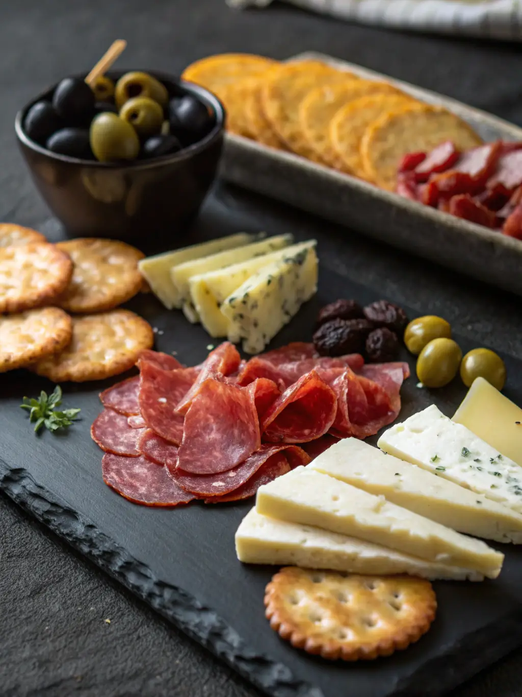 A photograph of a variety of imported cured meats, such as prosciutto and salami, artfully arranged on a wooden board with olives and crusty bread, emphasizing their artisanal quality and authentic taste.